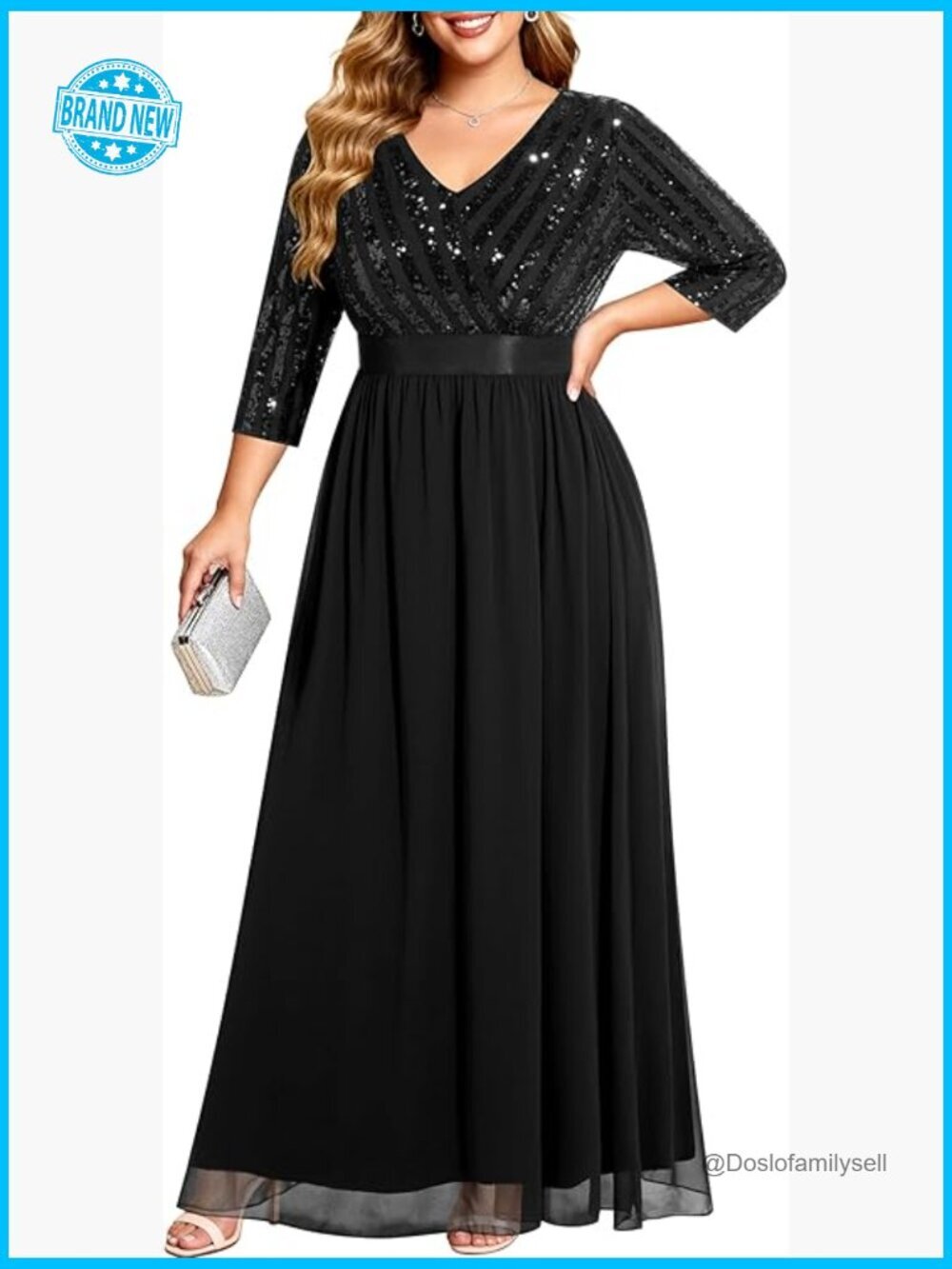 Sequin V Neck Formal Maxi Dress Elegant Evening Gown Plus Size 3/4 Sleeve